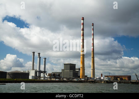 The Poolbeg chimneys viewed from a boat in Dublin bay, Dublin, Ireland Stock Photo