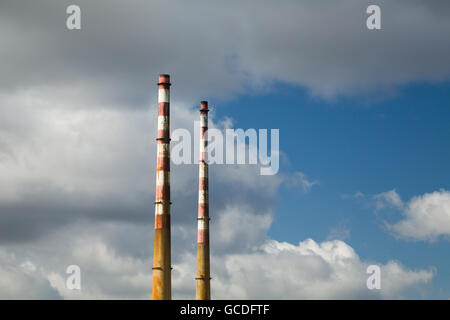 The Poolbeg chimneys viewed from a boat in Dublin bay, Dublin, Ireland Stock Photo