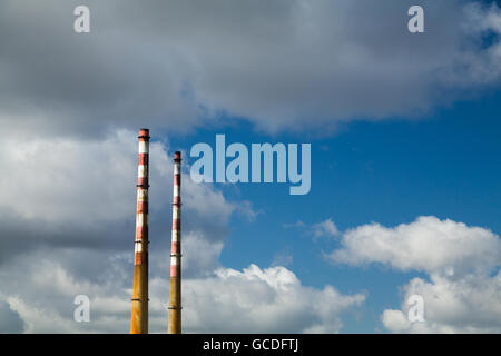 The Poolbeg chimneys viewed from a boat in Dublin bay, Dublin, Ireland Stock Photo