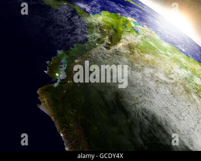 Ecuador region from Earth's orbit in space during sunrise. 3D illustration with highly detailed realistic planet surface. Elemen Stock Photo