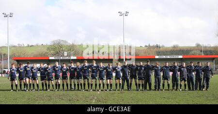 Rugby Union - Under 18's Six Nations - Scotland Under 18's v England 18's - Llandovery RFC. Scotland's players line up for their national anthem before the Under 18's Six Nations at Llandovery RFC, Wales. Stock Photo