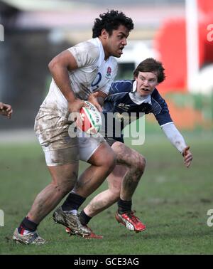 Rugby Union - Under 18's Six Nations - Scotland Under 18's v England 18's - Llandovery RFC. Scotland's Jamie Stevenson and England's Billy Vunipola during the Under 18's Six Nations at Llandovery RFC, Wales. Stock Photo