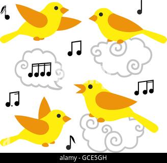 Collection of cute cartoon birds and notes in the sky Stock Vector