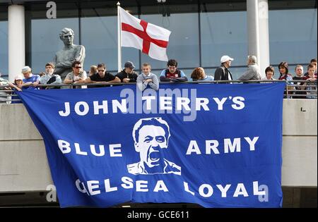 Soccer - FA Cup - Semi Final - Aston Villa v Chelsea - Wembley Stadium. Chelsea fans show their support outside the ground before the game Stock Photo