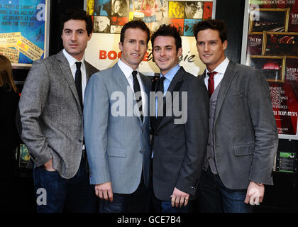 The classical band, Blake, (left to right) Ollie Baines, Jules Knight, Humphrey Berney (AKA Barney) and Stephen Bowman, arrive for the gala screening of new film Boogie Woogie at the Prince Charles cinema in London. Stock Photo