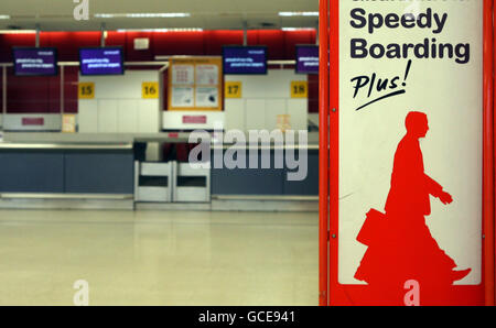 Volcanic ash causes travel disruption. Easy jet speedy boarding sign Edinburgh Airport. Stock Photo