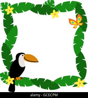Border with palm leaves and cute cartoon smiling toucan Stock Vector