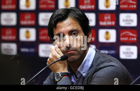 Atletico Madrid manager Quique Sanchez Flores during the press conference at Anfield, Liverpool. Stock Photo