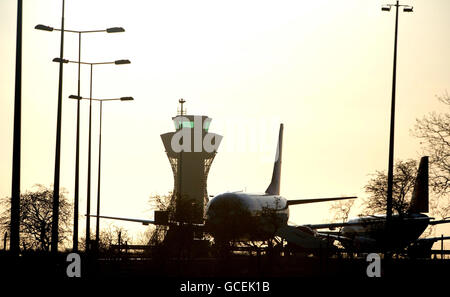 Planes at Newcastle airport which officially re-opened at 7am this morning, with the first flight due to arrive at 9.20am from Aberdeen. Stock Photo