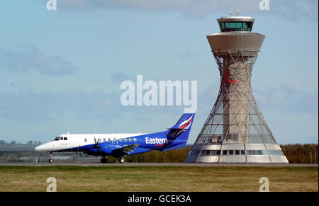 The first flight into Newcastle Airport arrives from Aberdeen after the airport officially re-opened at 7am this morning. Stock Photo