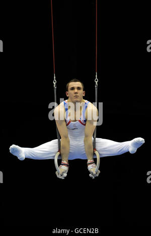 Great Britain's Samuel Hunter competes on the rings in the Senior Teams Final during the European Artistic Championships at the NIA, Birmingham. Stock Photo