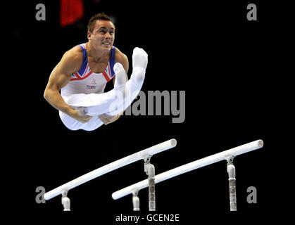Great Britain's Daniel Keatings competes on the parallel bars in the Senior Teams Final during the European Artistic Championships at the NIA, Birmingham. Stock Photo