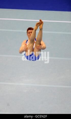 Great Britain's Daniel Purvis competes on the floor in the Senior Teams Final during the European Artistic Championships at the NIA, Birmingham. Stock Photo