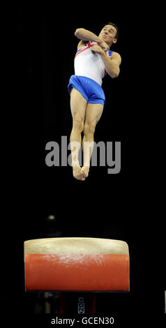 Great Britain's Daniel Keatings competes on the vault in the Senior Teams Final during the European Artistic Championships at the NIA, Birmingham. Stock Photo