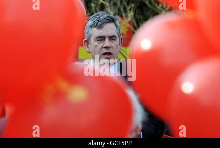 Prime Minister Gordon Brown's speaks at a Labour Party member's home in the constituency of Cardiff North today where he held a rally in support of the present MP Julie Morgan, while on the General Election campaign trail. Stock Photo