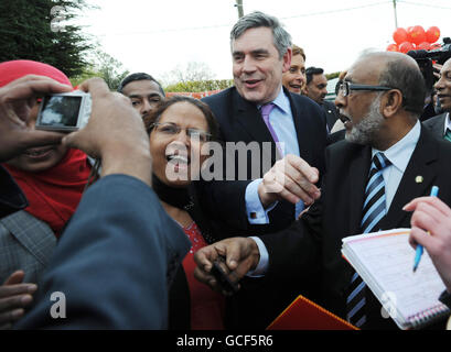 Prime Minister Gordon Brown's speaks at a Labour Party member's home in the constituency of Cardiff North today where he held a rally in support of the present MP Julie Morgan, while on the General Election campaign trail. Stock Photo