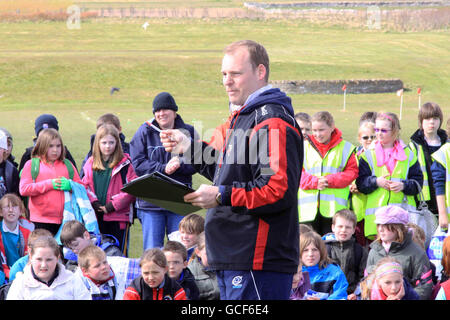 Bruce Ruthven addresses the assembled crowd during the Orkney Schools Tag Rugby Festival at Pickaquoy, Kirkwall, Orkney. Stock Photo