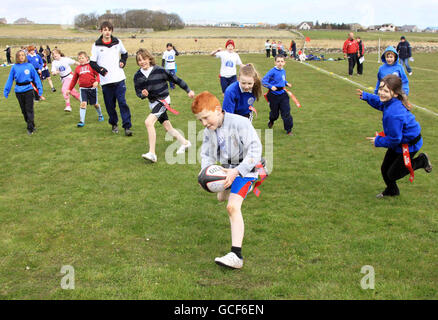 Rugby Union - Orkney Island Schools Tag Rugby Festival - Kirkwall. Action from Orkney Schools Tag Rugby Festival at Pickaquoy, Kirkwall, Orkney. Stock Photo