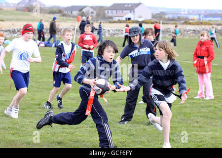 Action from Orkney Schools Tag Rugby Festival at Pickaquoy, Kirkwall, Orkney. Stock Photo