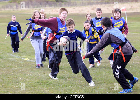 Rugby Union - Orkney Island Schools Tag Rugby Festival - Kirkwall. Action from Orkney Schools Tag Rugby Festival at Pickaquoy, Kirkwall, Orkney. Stock Photo