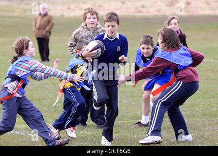 Rugby Union - Orkney Island Schools Tag Rugby Festival - Kirkwall. Action from Orkney Schools Tag Rugby Festival at Pickaquoy, Kirkwall, Orkney. Stock Photo