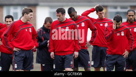 Liverpool's Steven Gerrard (left), Jamie Carragher and Javier Mascherano (right) during the training session at Melwood Training Ground, Liverpool. Stock Photo