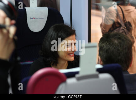 Miriam Gonzalez Durantez, wife of Liberal Democrat leader Nick Clegg onboard a train bound for a General Election Campaign visit to Wells. Stock Photo