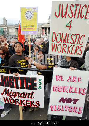 A group demonstrate during a Trades Union May Day rally in Trafalgar Square, in central London Stock Photo