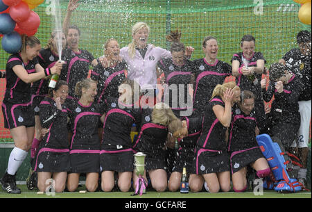 Slough celebrate winning the EHL Women's Championship Final during their promotion tournament game at Cannock Hockey Club, Cannock. Stock Photo