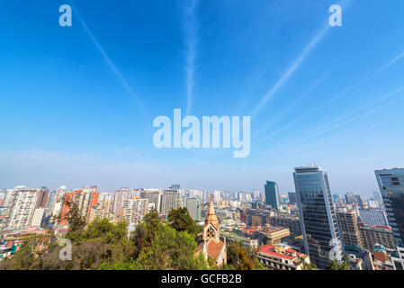 Blue sky over downtown Santiago, Chile seen from the top of Santa Lucia Park Stock Photo