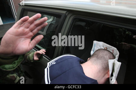 Able Seaman Eoin Gray leaves a court martial in McKee Barracks, Dublin, where he was sentenced to three months in military prison for disclosing sensitive information on the whereabouts of Navy ships. Stock Photo