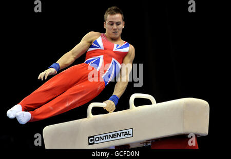 Great Britain's Daniel Keatings practices on the pommel horse during the practice day for the European Artistic Championships at the NIA, Birmingham. Stock Photo