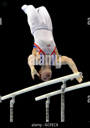 Great Britain's Daniel Purvis competes on the parallel bars in the Individual Apparatus Final during the European Artistic Championships at the NIA, Birmingham. Stock Photo