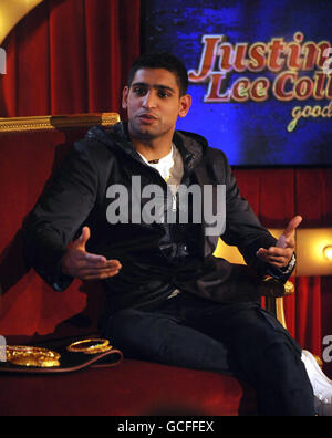 Guest Amir Khan during filming of Channel 5 chat show Justin Lee Collins: Good Times, at The Rivoli Ballroom in Brockley, South London. Stock Photo