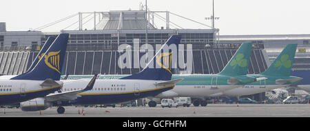 Planes sit on the tarmac of Dublin Airport, as the return of the Icelandic volcanic ash cloud caused travel misery for thousands of air passengers with hundreds of flights cancelled. Stock Photo