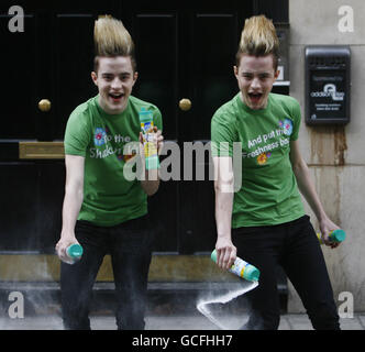 Twins John and Edward Grimes otherwise known as Jedward, prepare to remake the 1980's Shake n' Vac song at Dean Street Studios in Soho, central London. PRESS ASSOCIATION Photo. Picture date: Tuesday May 4, 2010. The song comes from the advert for Shake n' Vac, which in 2009 was ranked as one of the top UK ads of all time and will this year be 30 years old. Photo credit should read: Johnny Green/PA Wire Stock Photo