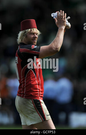 Saracens' Mouritz Botha celebrates his sides win after the final whistle during the Guinness Premiership Semi Final at Franklin's Garden, Northampton. Stock Photo