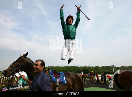 Frankie Dettori celebrates his victory on Cairnsmore in the Bridgend Designer Outlet Handicap Stakes during Ladies Day at Chepstow Racecourse. Stock Photo