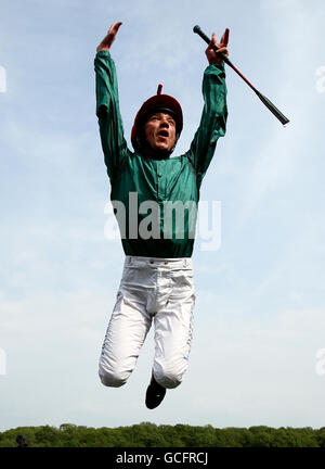 Frankie Dettori celebrates his victory on Cairnsmore in the Bridgend Designer Outlet Handicap Stakes during Ladies Day at Chepstow Racecourse. Stock Photo