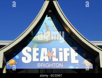 A general view of a sign for the Sea Life Centre on Brighton seafront. Stock Photo