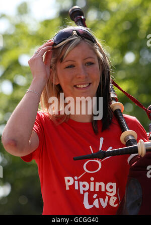 Piping Live! Glasgow's International Piping Festival ambassador Eve Muirhead launches this years programme at National Piping Centre in Glasgow. Stock Photo