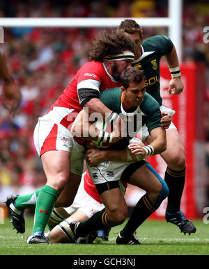 Rugby Union - International Friendly - Wales v South Africa - Millennium Stadium. South Africa's Ruan Pienaar is tackled by Wales Adam Jones during the International Friendly at the Millennium Stadium, Cardiff. Stock Photo
