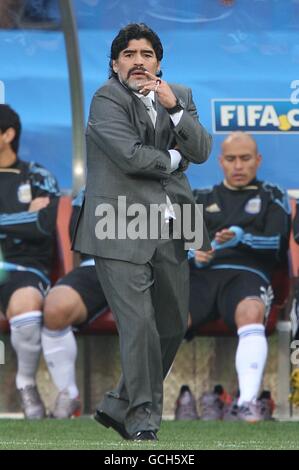 Soccer - 2010 FIFA World Cup South Africa - Group B - Argentina v Nigeria - Ellis Park. Argentina's Head Coach Diego Maradona on the touchline. Stock Photo