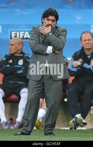 Soccer - 2010 FIFA World Cup South Africa - Group B - Argentina v Nigeria - Ellis Park. Argentina's Head Coach Diego Maradona on the touchline. Stock Photo