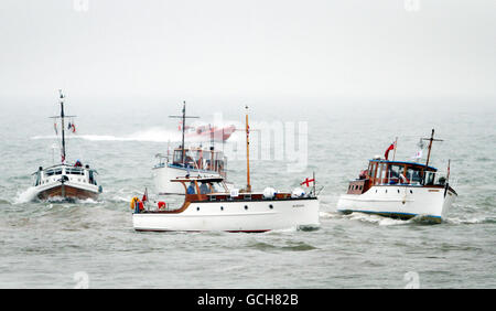 The 'little ships' arrive back in Ramsgate Harbour, Kent, after crossing The Channel from Dunkirk, France, following for the 70th anniversary of Operation Dynamo. Stock Photo