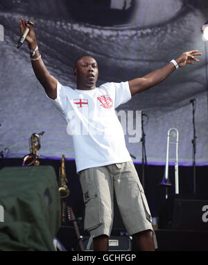 Dizzee Rascal performing on the Pyramid Stage during the Glastonbury Festival in Somerset. Stock Photo