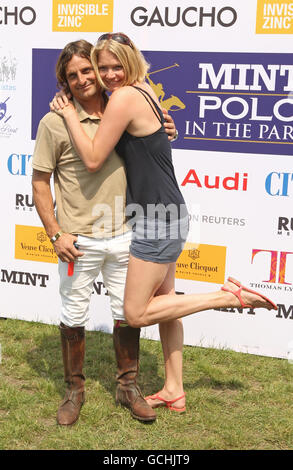 Jodie Kidd with her boyfriend Andrea Vianini, who is playing at the MINT Polo in the Park, at Hurlingham Park, in Fulham, south west London. Stock Photo