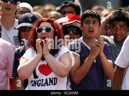 Agony for England fans in the Haymarket, Leicester as England are knocked out of the World Cup by Germany. Stock Photo