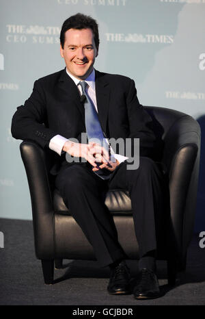 Chancellor George Osborne during a Q&A session, after addressing The Times CEO Summit in London. The Chancellor has warned of a fresh assault on welfare payouts over the summer as the Government looks for savings to reduce Britain's massive state deficit. Stock Photo
