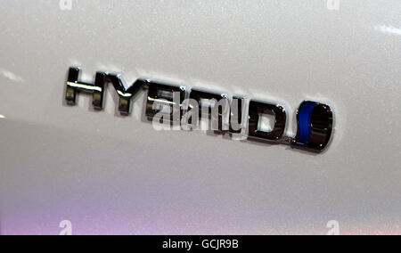 Toyota stock. A generic stock photo of the Hybrid logo on a Toyota car at the Toyota plant, Burnaston, near Derby. Stock Photo